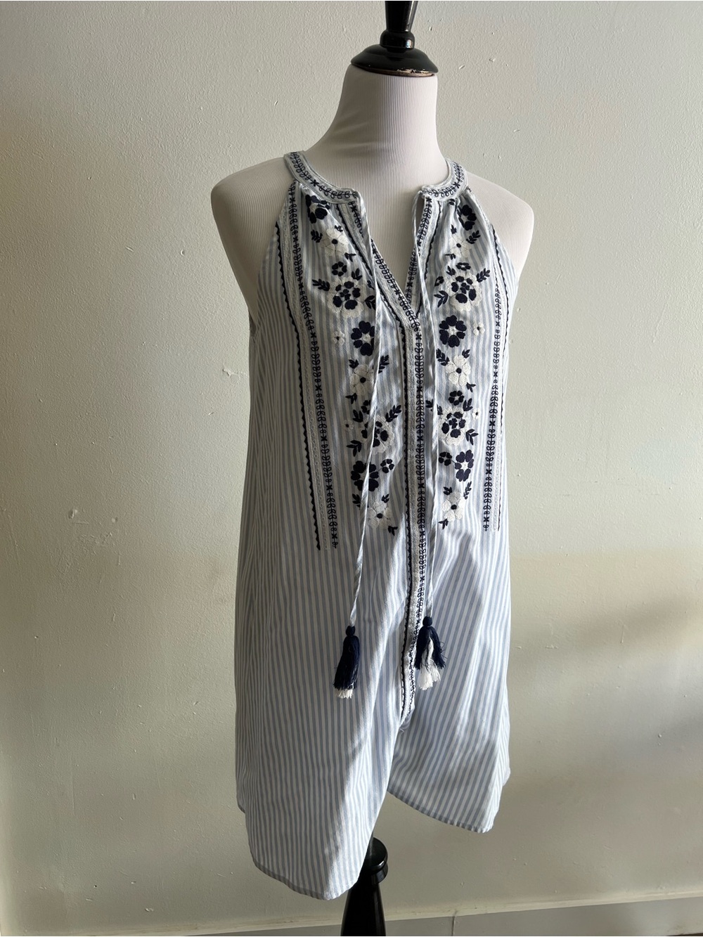 Blue Rain White Tunic dress with Navy Embroidery